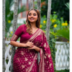 Women's Silk Printed Saree With Unstitched Blouse 5.5Mtr (Wine)
