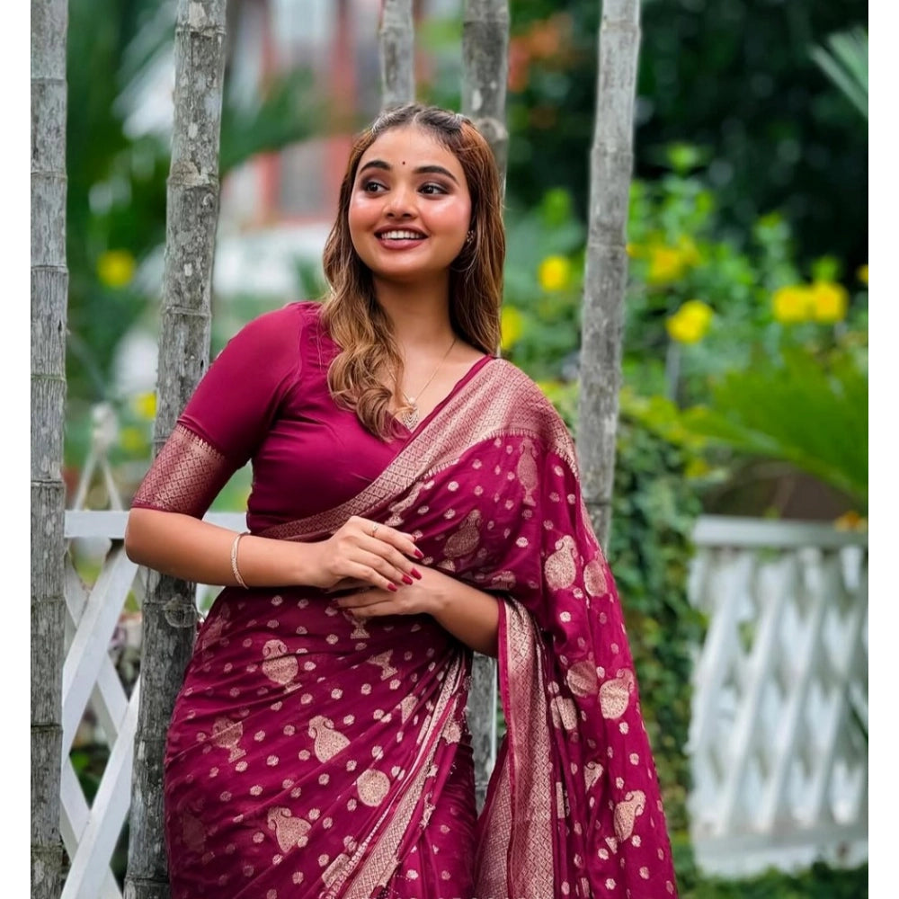Women's Silk Printed Saree With Unstitched Blouse 5.5Mtr (Wine)
