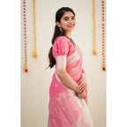Women's Cotton  Printed Saree With Unstitched Blouse 5.5Mtr (Pink)