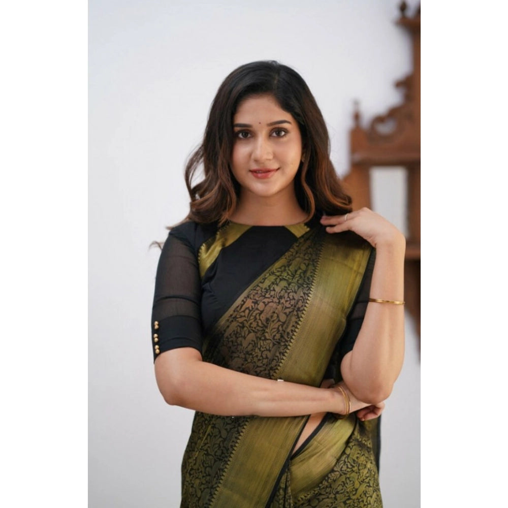 Women's Silk Printed Saree With Unstitched Blouse 5.5Mtr (Black)
