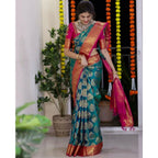 Women's Silk Printed Saree With Unstitched Blouse 5.5Mtr (Teal Blue)