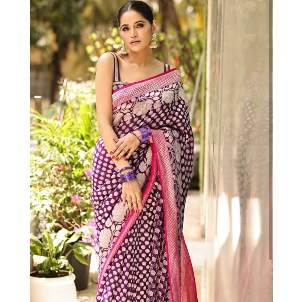 Women's Silk Printed Saree With Unstitched Blouse 5.5Mtr (Purple)