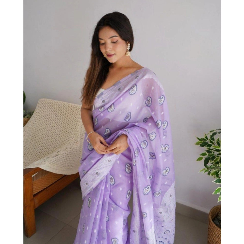 Women's Cotton  Printed Saree With Unstitched Blouse 5.5Mtr (Lavender)