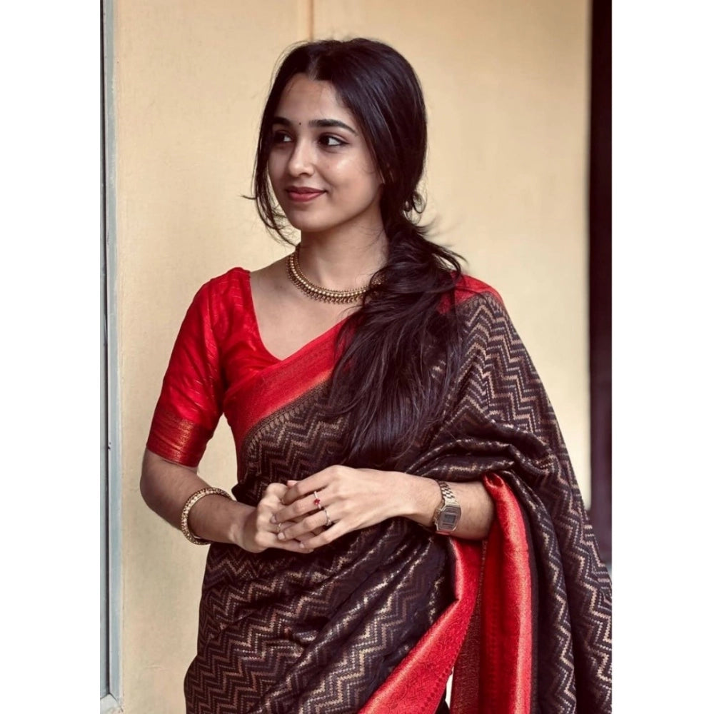 Women's Silk Printed Saree With Unstitched Blouse 5.5Mtr (Brown)