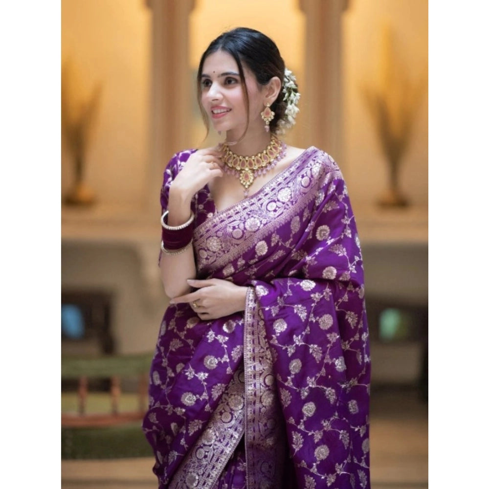 Women's Silk Printed Saree With Unstitched Blouse 5.5Mtr (Purple)