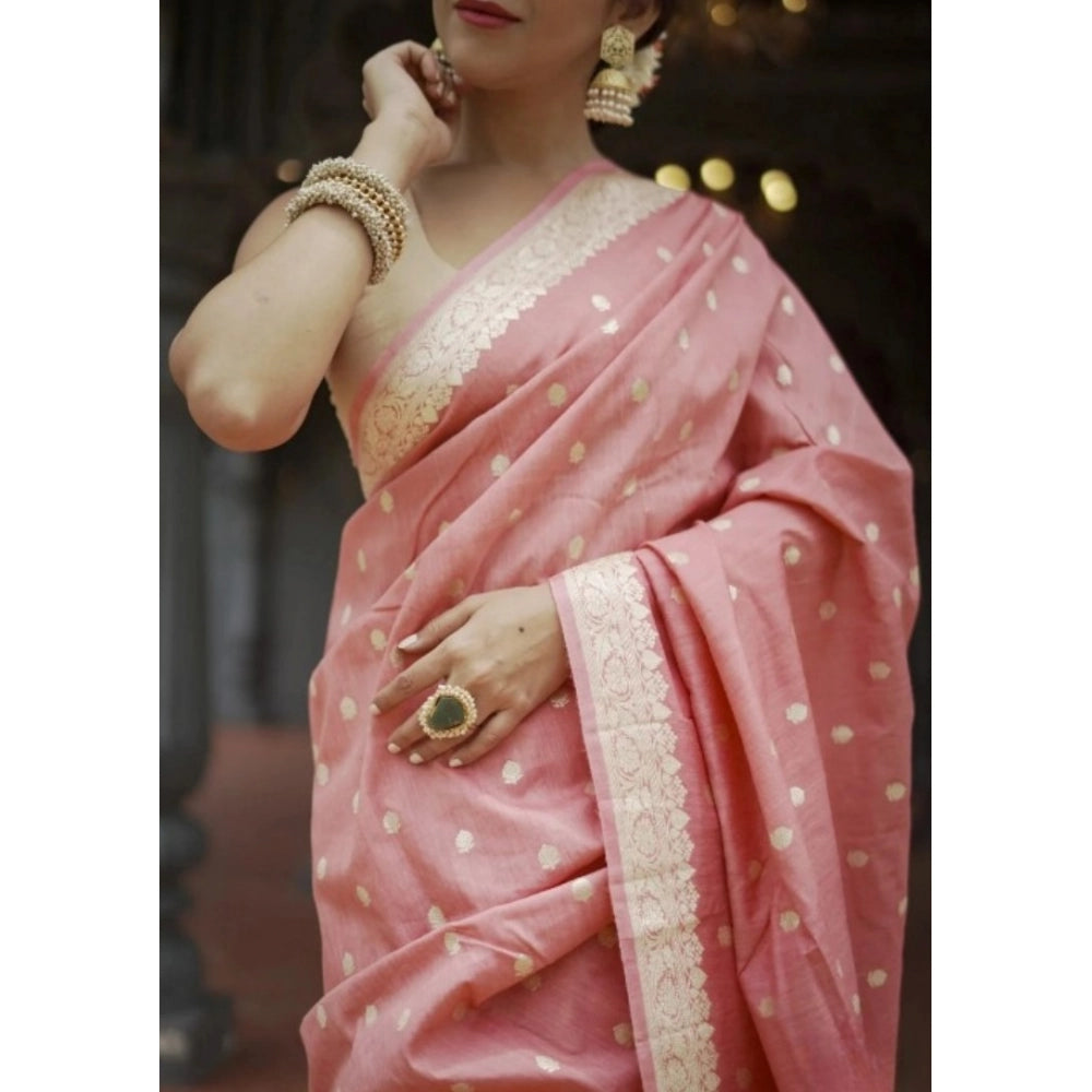 Women's Cotton  Printed Saree With Unstitched Blouse 5.5Mtr (Peach)