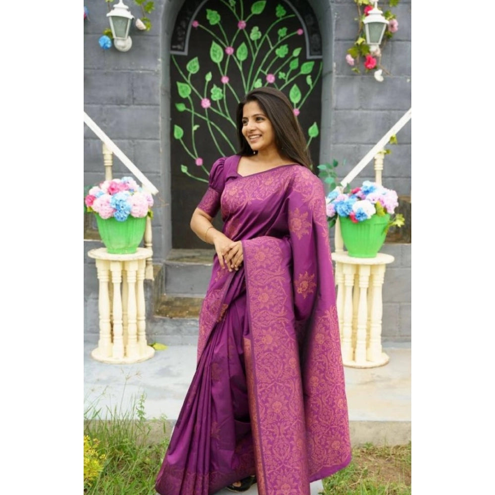 Women's Silk Printed Saree With Unstitched Blouse 5.5Mtr (Purple)