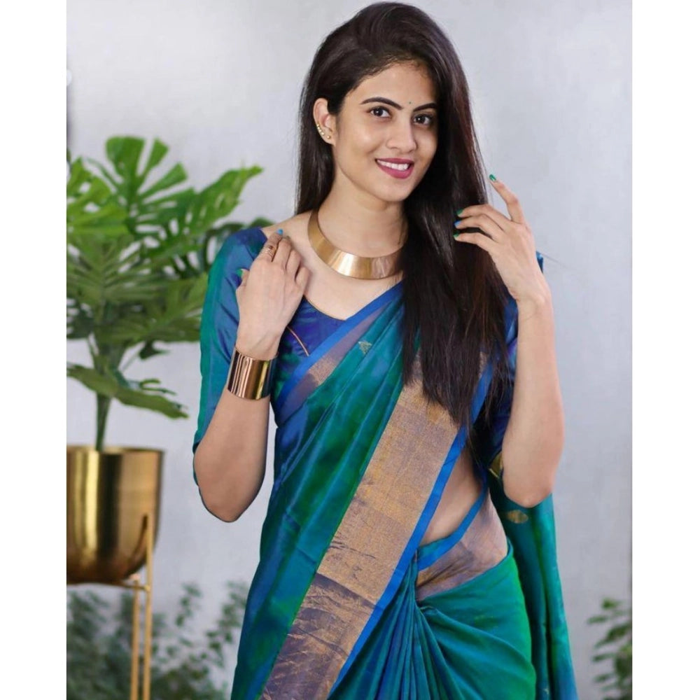 Women's Silk Printed Saree With Unstitched Blouse 5.5Mtr (Blue)