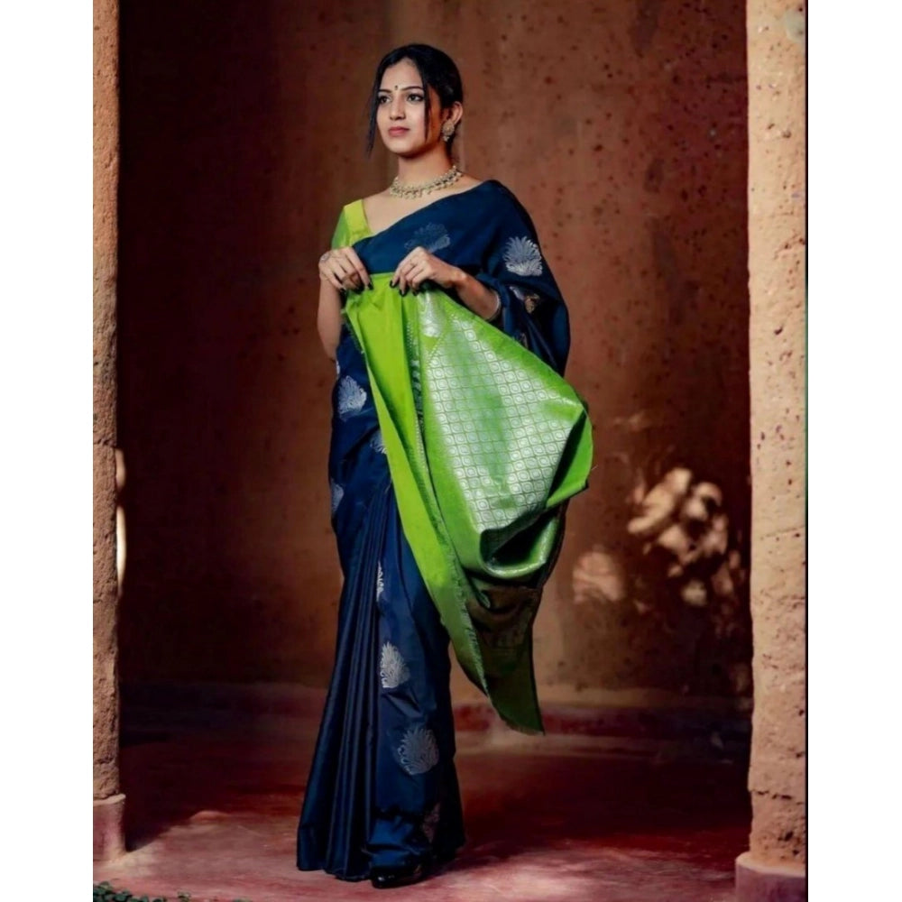 Women's Silk Printed Saree With Unstitched Blouse 5.5Mtr (Navy Blue)