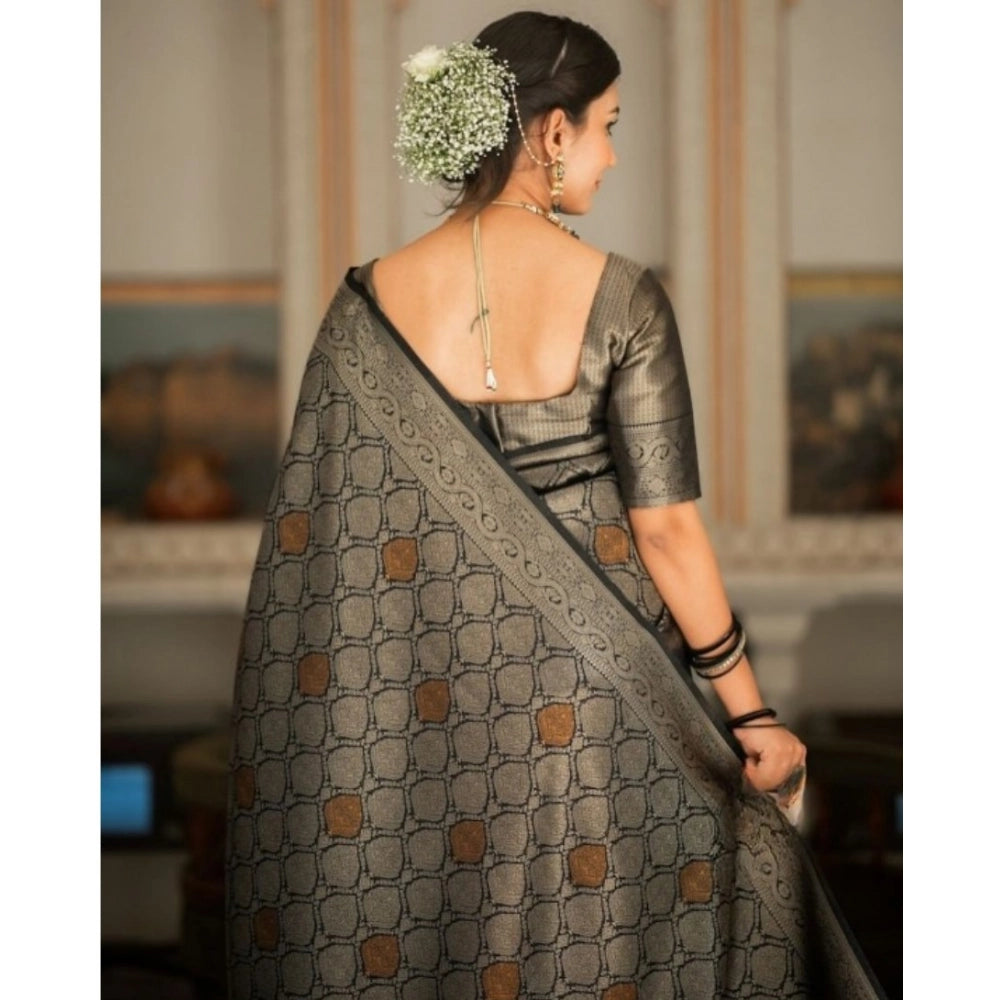 Women's Silk Printed Saree With Unstitched Blouse 5.5Mtr (Black)