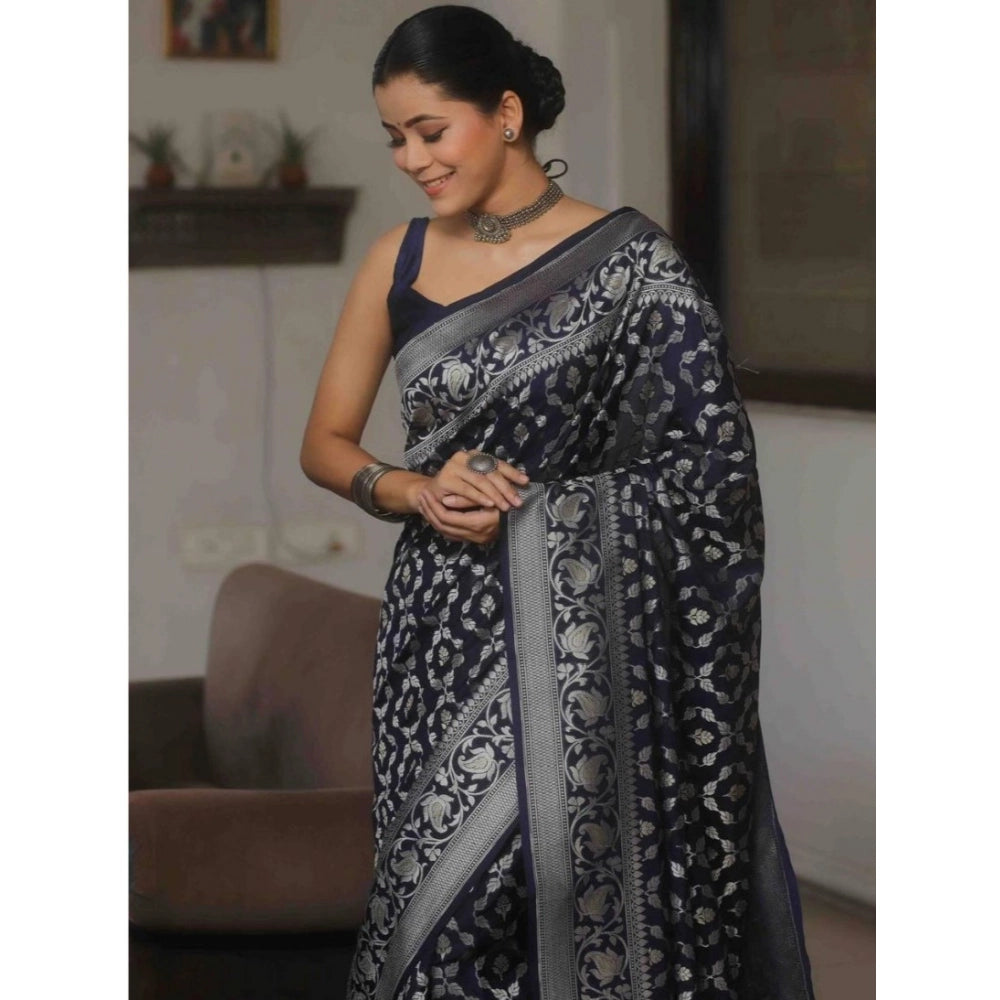 Women's Silk Printed Saree With Unstitched Blouse 5.5Mtr (Navy Blue)
