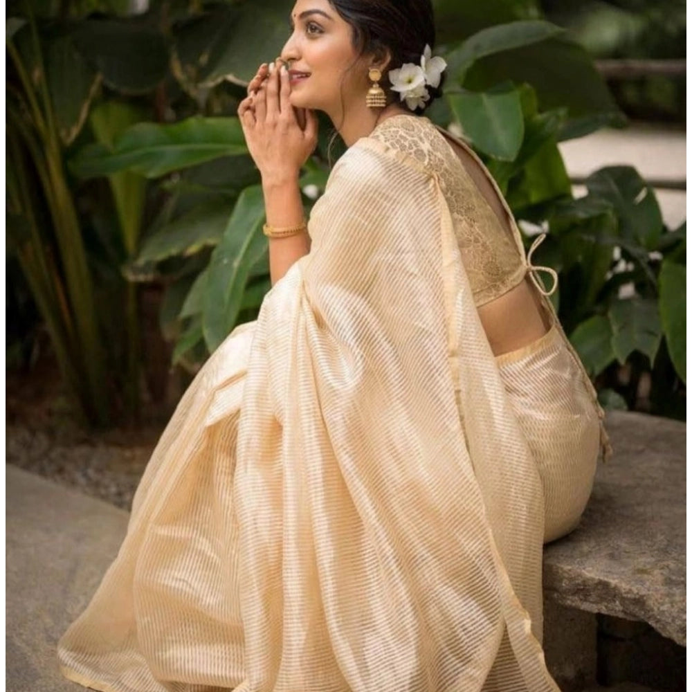 Women's Silk Printed Saree With Unstitched Blouse 5.5Mtr (Off White)