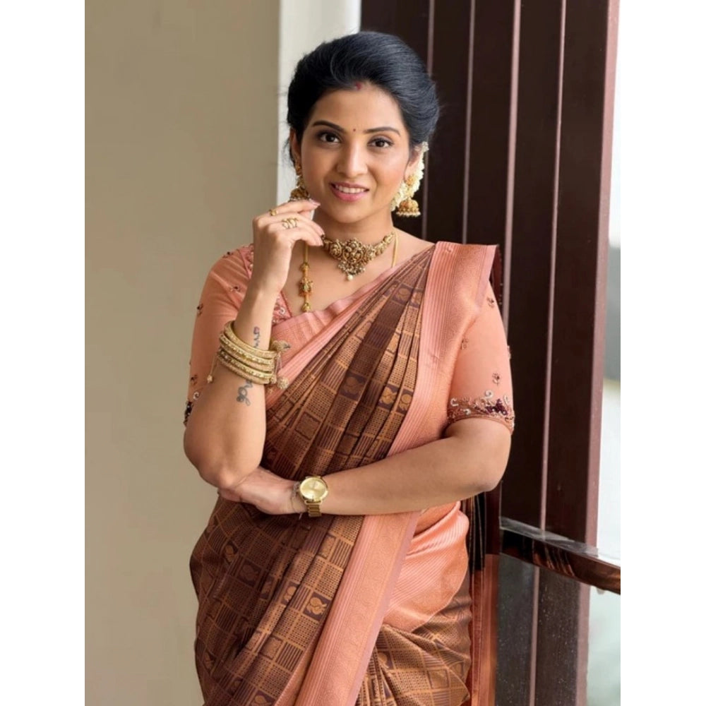 Women's Silk Printed Saree With Unstitched Blouse 5.5Mtr (Brown)