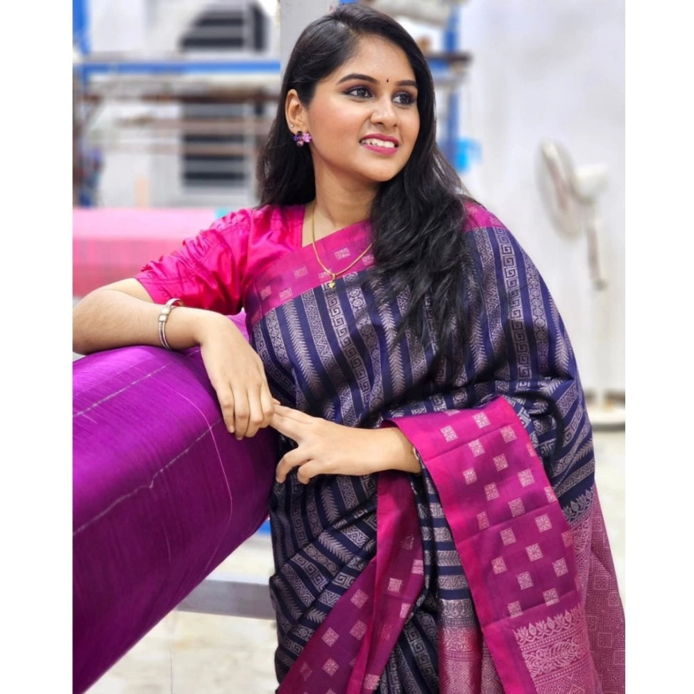 Women's Silk Printed Saree With Unstitched Blouse 5.5Mtr (Navy Blue)