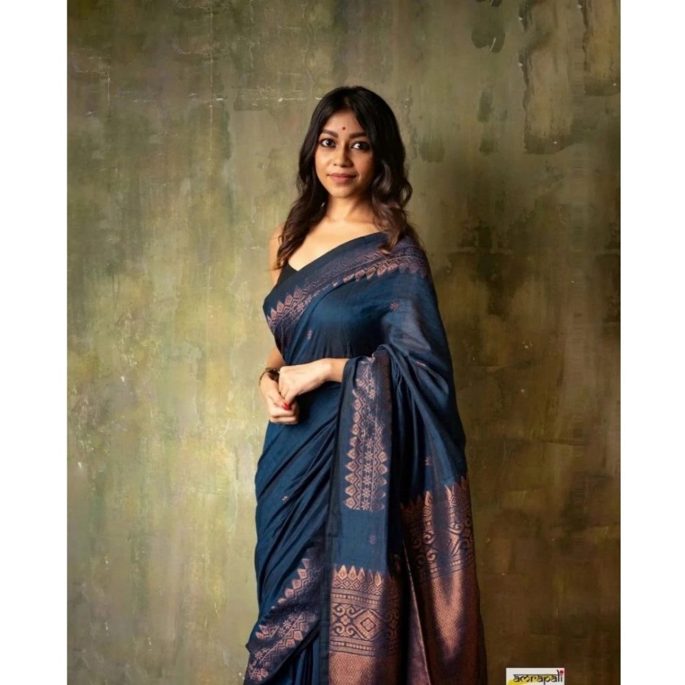 Women's Silk Printed Saree With Unstitched Blouse 5.5Mtr (Navy Blue)