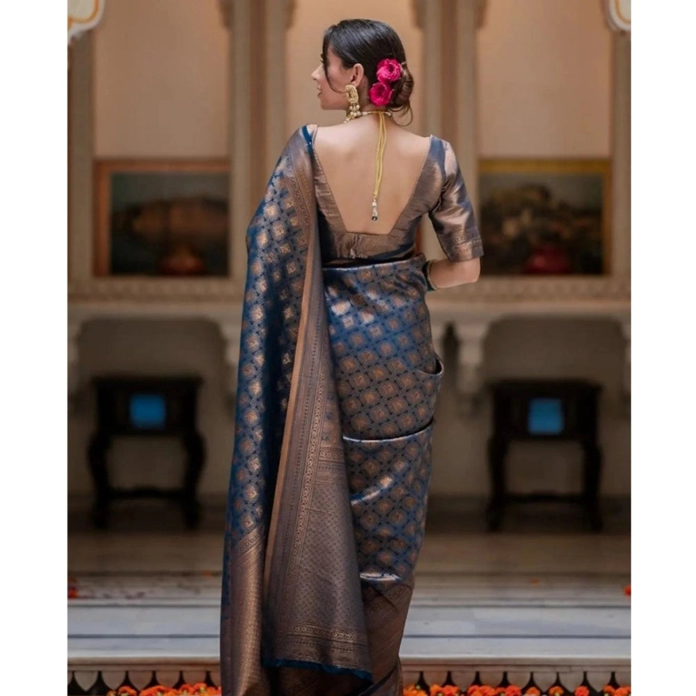 Women's Silk Printed Saree With Unstitched Blouse 5.5Mtr (Blue)
