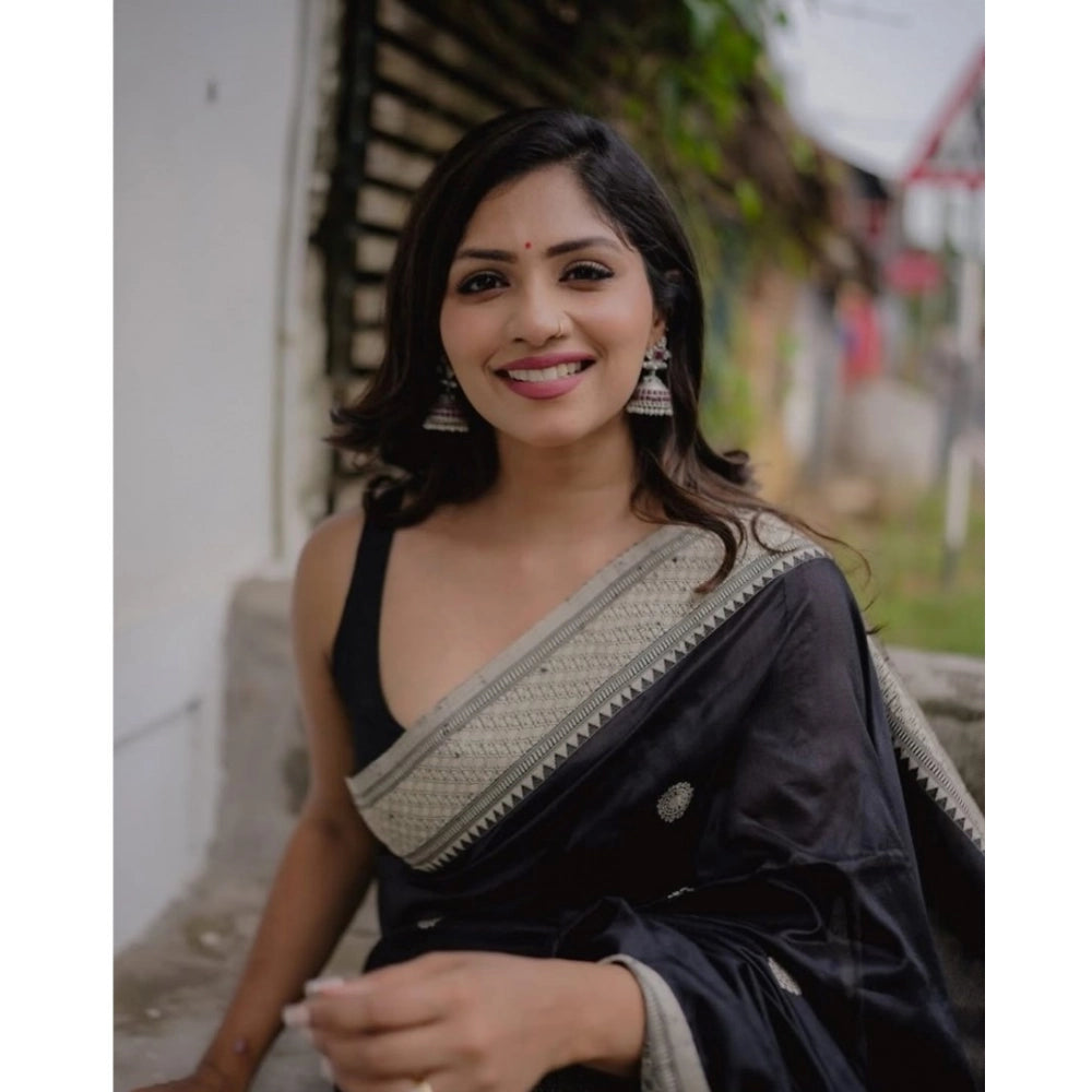 Women's Silk Printed Saree With Unstitched Blouse 5.5Mtr (Black)