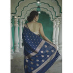 Women's Cotton  Printed Saree With Unstitched Blouse 5.5Mtr (Navy Blue)