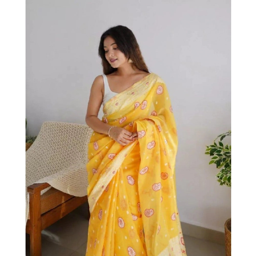 Women's Cotton  Printed Saree With Unstitched Blouse 5.5Mtr (Yellow)