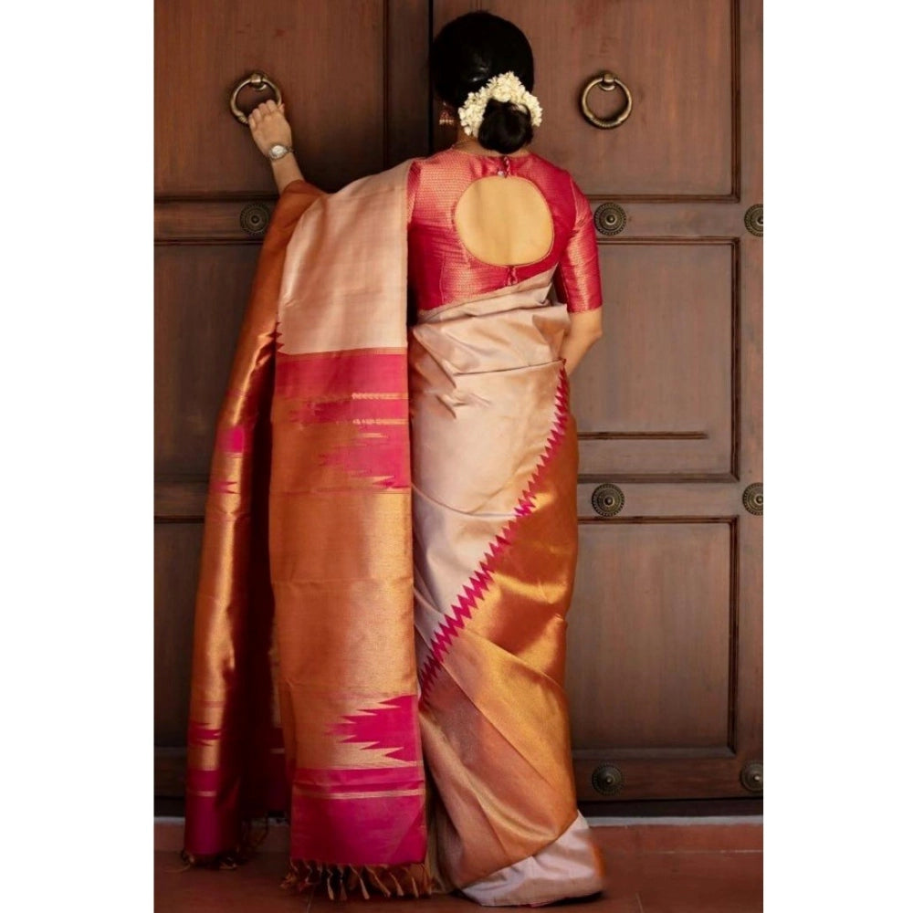 Women's Silk Printed Saree With Unstitched Blouse 5.5Mtr (Cream)