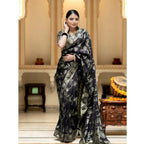 Women's Silk Printed Saree With Unstitched Blouse 5.5Mtr (Black)