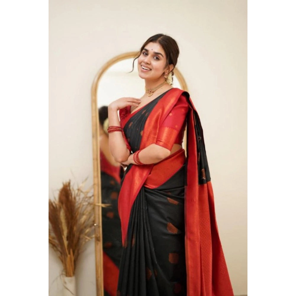 Women's Silk Printed Saree With Unstitched Blouse 5.5Mtr (Black)