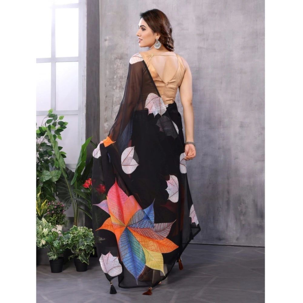 Women's Small Lace Georgette Printed Ready-to-Wear Saree With Unstitched Blouse 5.5 Mtr (Black)