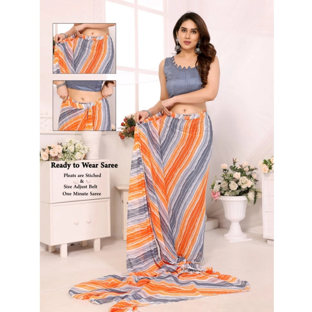 Women's Small Lace Georgette Striped Ready-to-Wear Saree With Unstitched Blouse 5.5 Mtr (Grey)