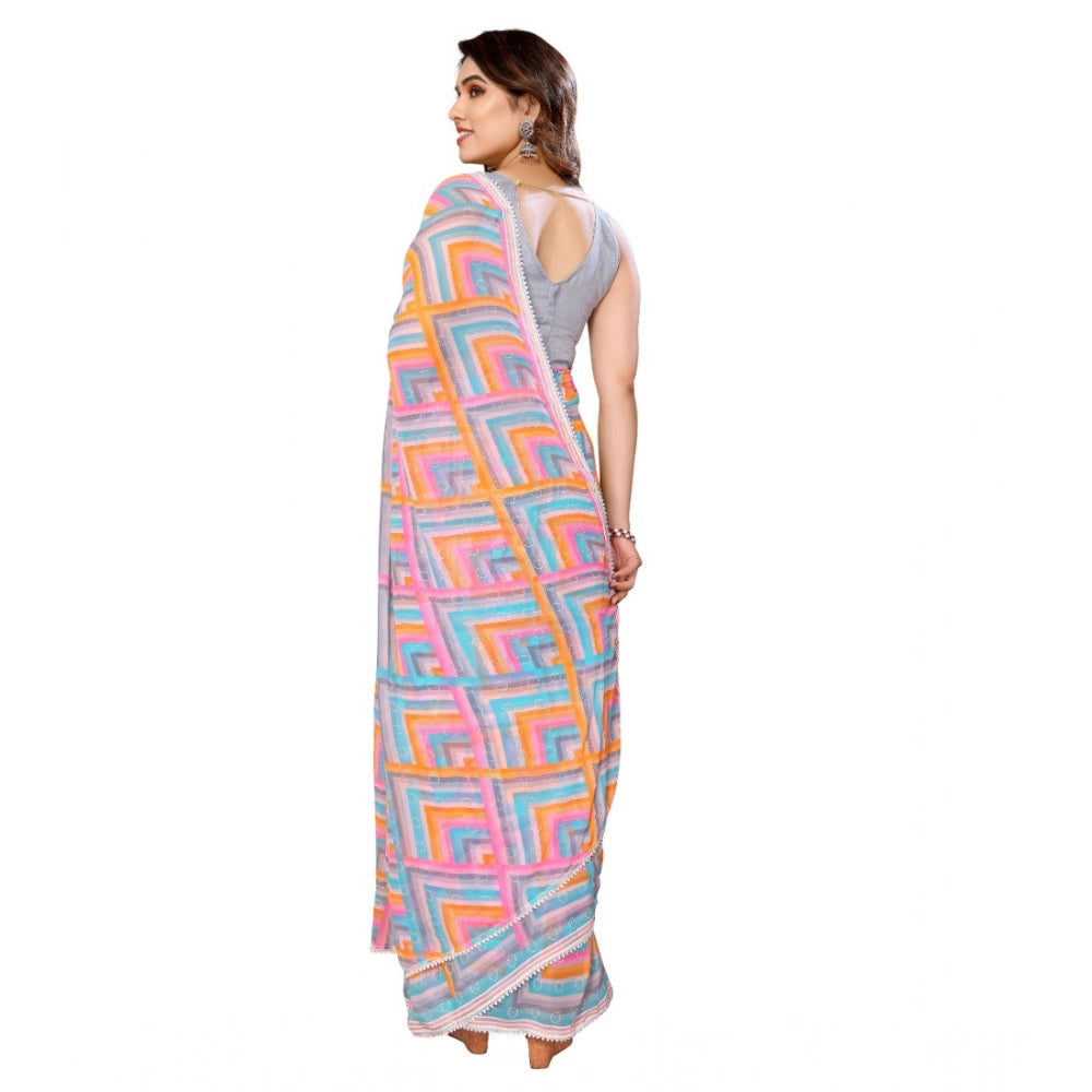 Women's Small Lace Georgette Printed Ready-to-Wear Saree With Unstitched Blouse 5.5 Mtr (Grey)