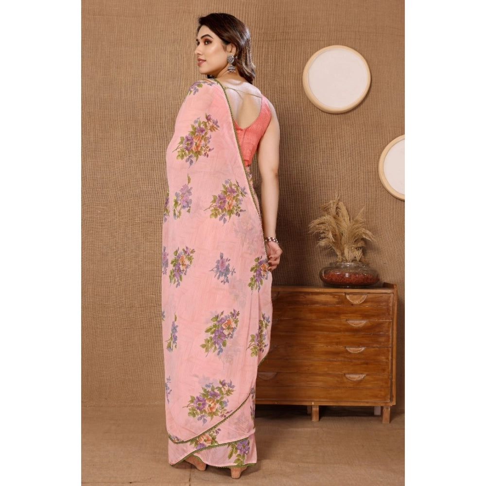 Women's Small Lace Georgette Printed Ready-to-Wear Saree With Unstitched Blouse 5.5 Mtr (Peach)
