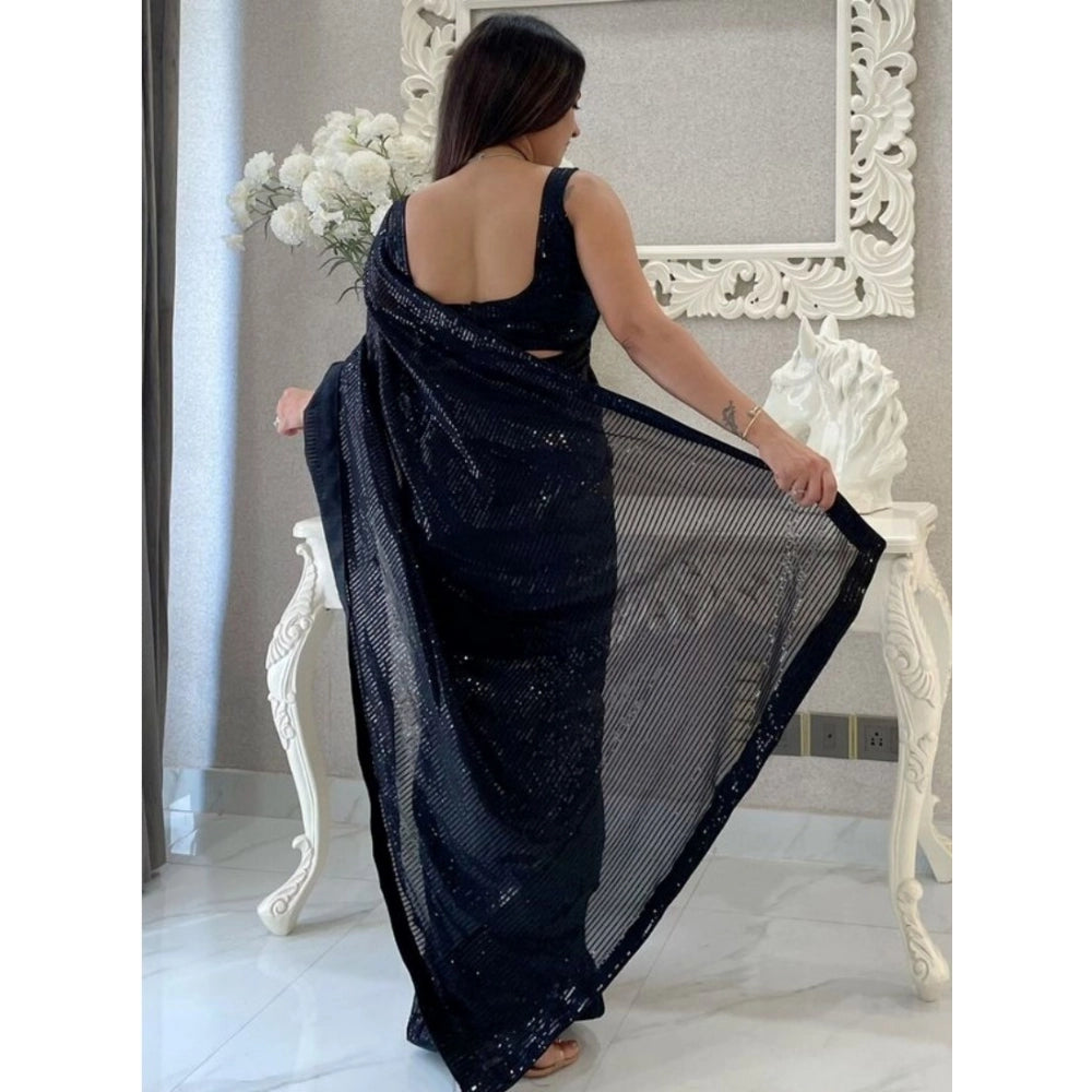 Women's Georgette Embellished Sequnece Bollywood Saree With Unstitched Blouse 5.5Mtr (Black)