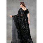 Women's Georgette Embellished Sequnece Bollywood Saree With Unstitched Blouse 5.5Mtr (Black)