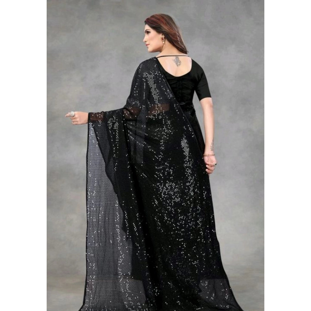 Women's Georgette Embellished Sequnece Bollywood Saree With Unstitched Blouse 5.5Mtr (Black)