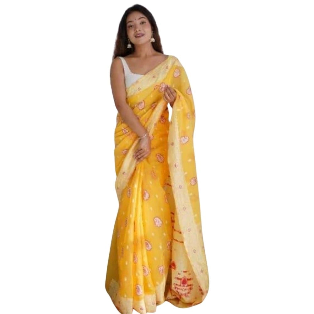 Women's Cotton  Printed Saree With Unstitched Blouse 5.5Mtr (Yellow)