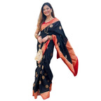 Women's Silk Printed Saree With Unstitched Blouse 5.5Mtr (Black-Red)