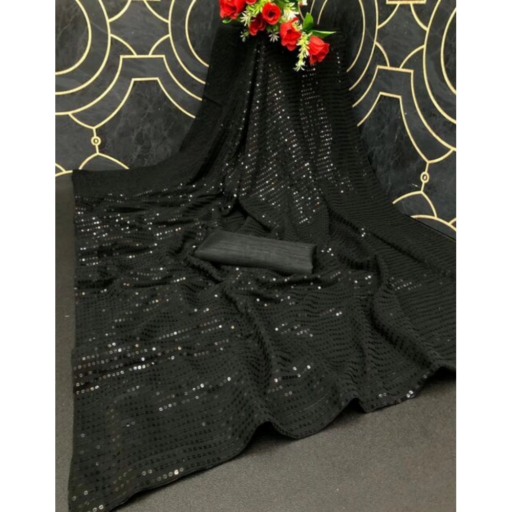 Women's Georgette Embellished Sequnece Bollywood Saree With Unstitched Blouse 5.5Mtr (Black)