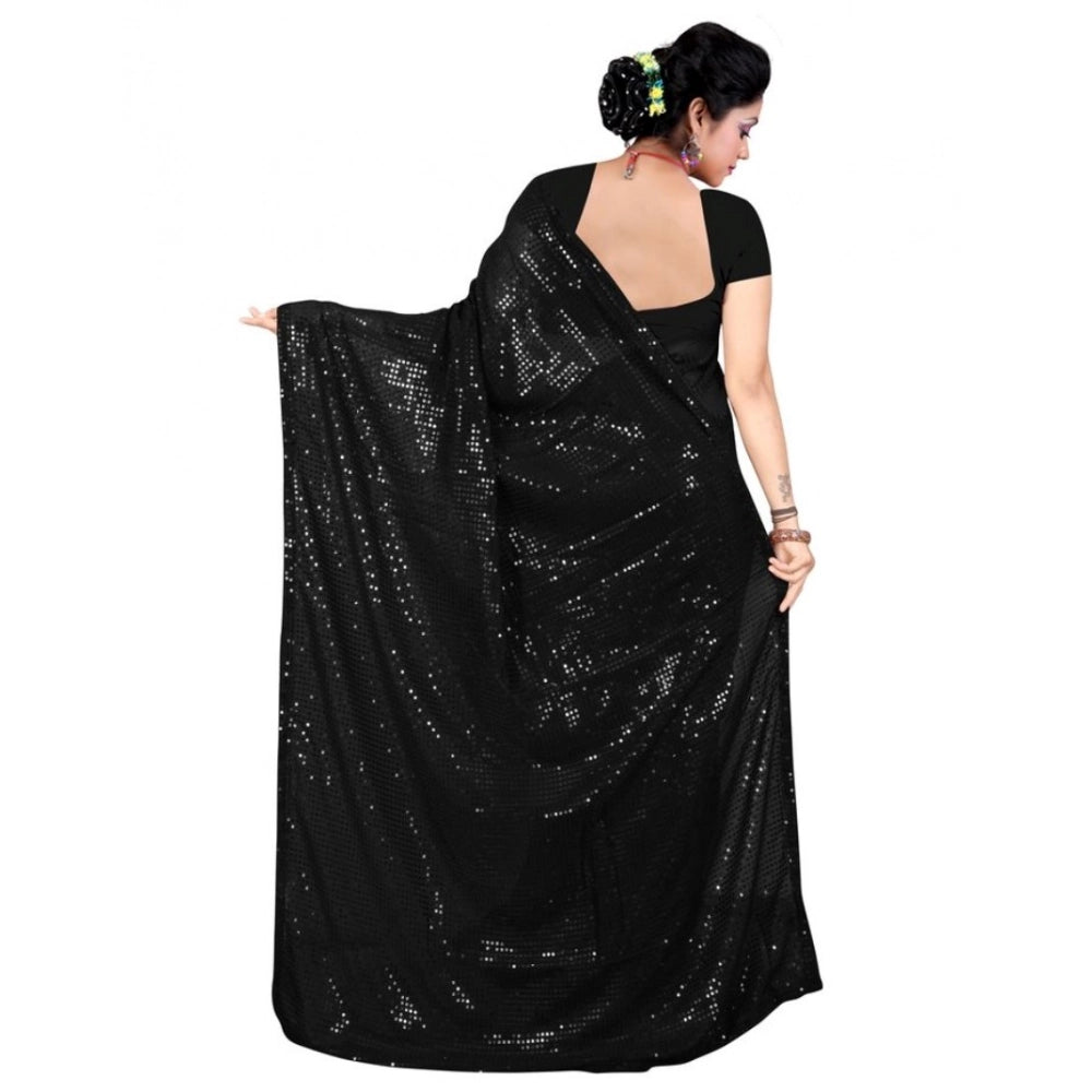 Women's Georgette Embellished Sequnece Bollywood Saree With Unstitched Blouse 5.5Mtr (Black)