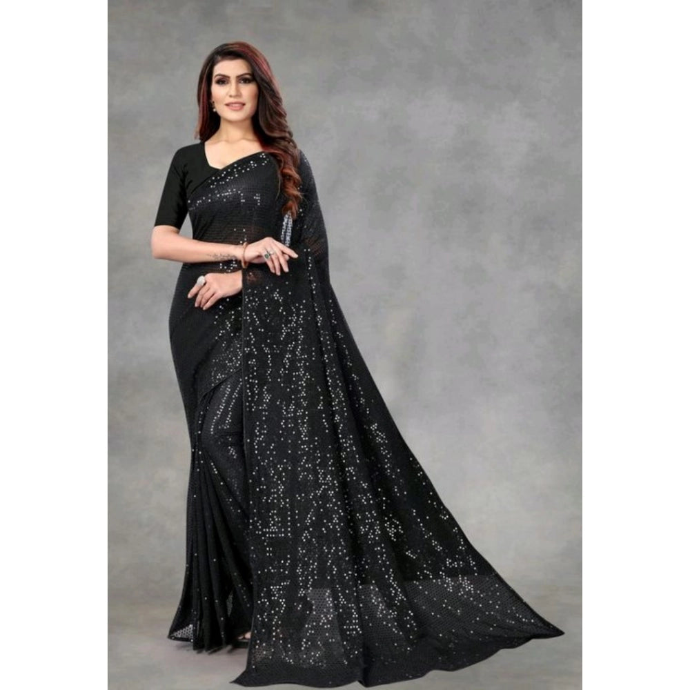 Women's Georgette Embellished Sequnece Bollywood Saree With Unstitched Blouse 5.5Mtr (Black)