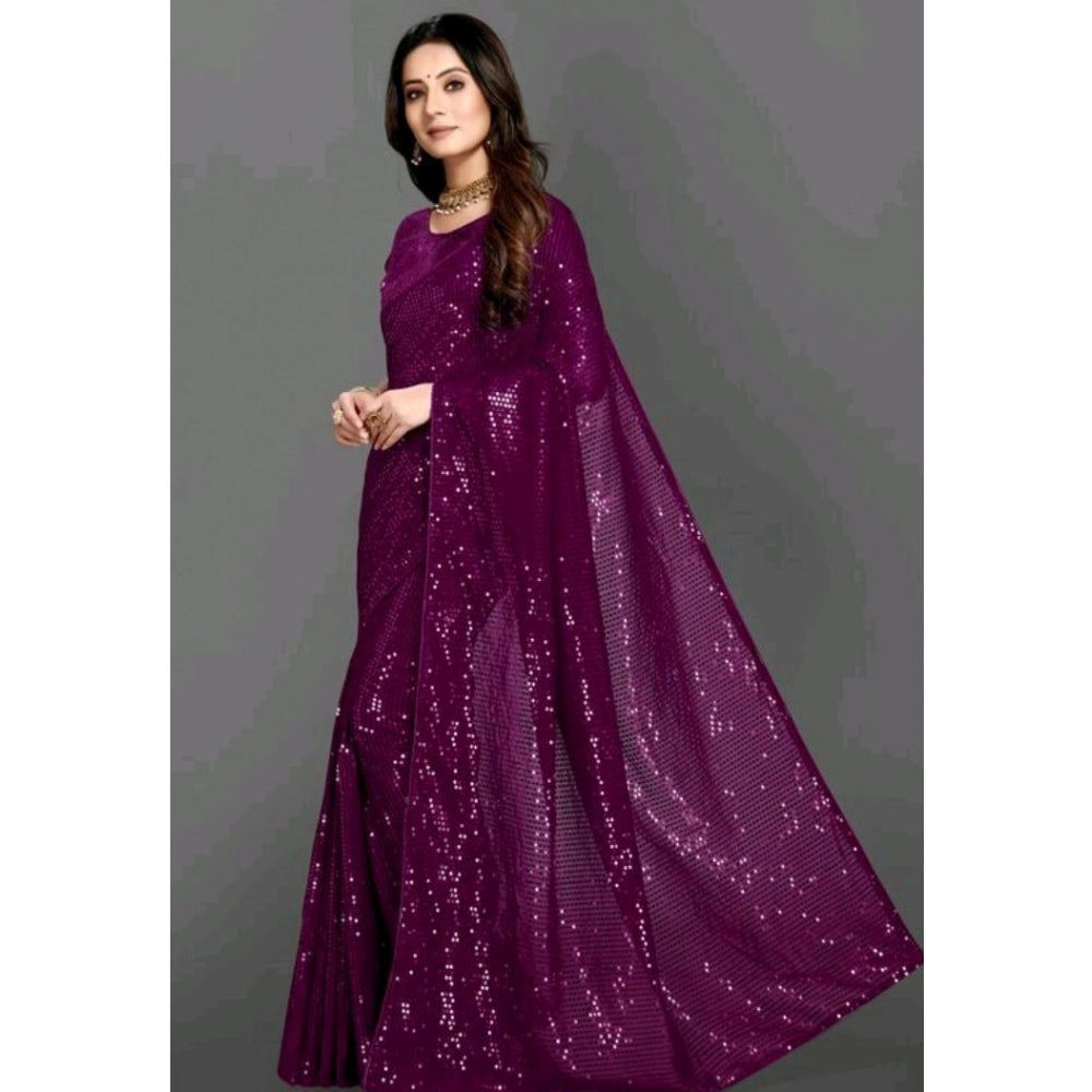 Women's Georgette Embellished Sequnece Bollywood Saree With Unstitched Blouse 5.5Mtr (Purple)