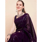 Women's Georgette Embellished Sequnece Bollywood Saree With Unstitched Blouse 5.5Mtr (Purple)