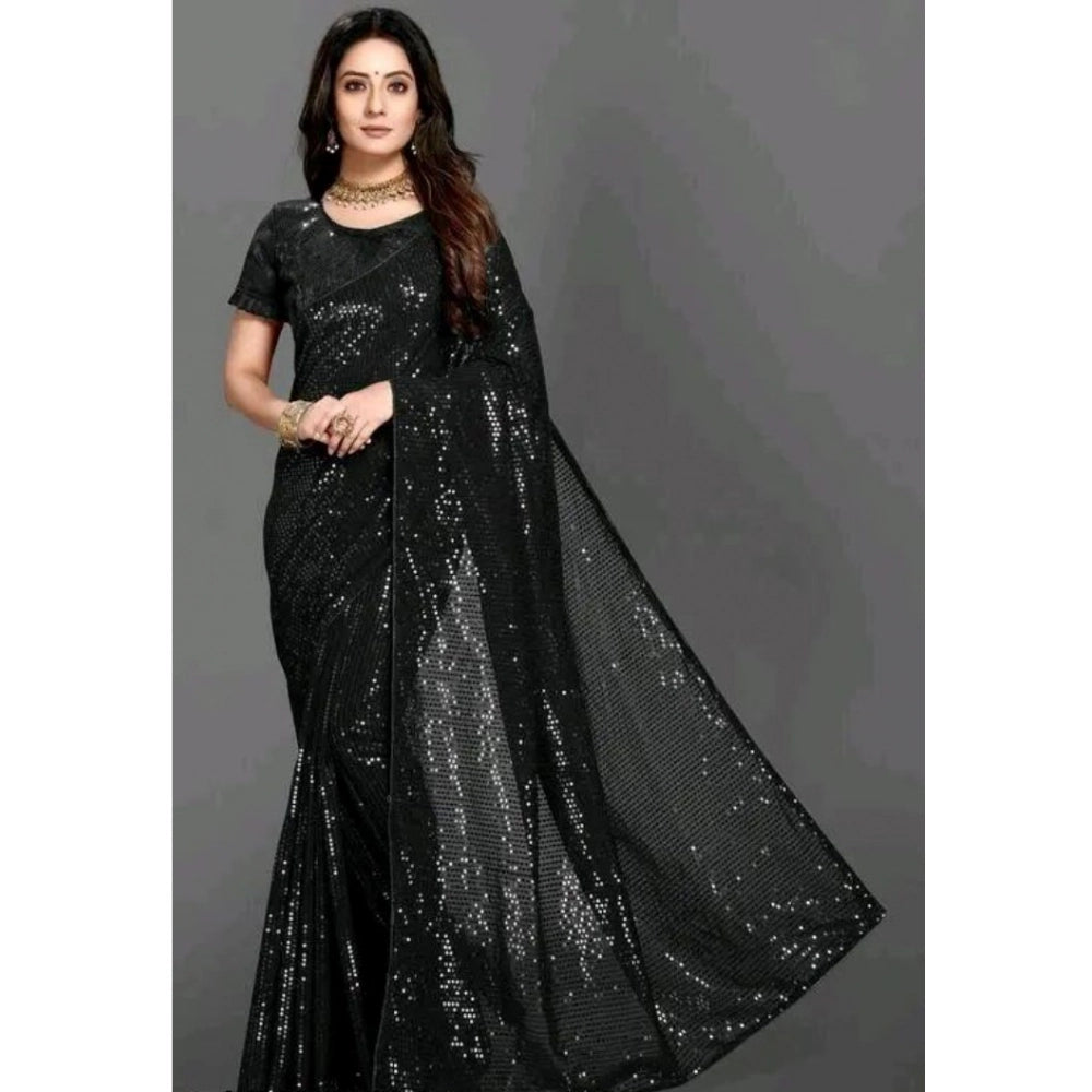 Women's Georgette Embellished Sequnece Bollywood Saree With Unstitched Blouse 5.5Mtr (Black)