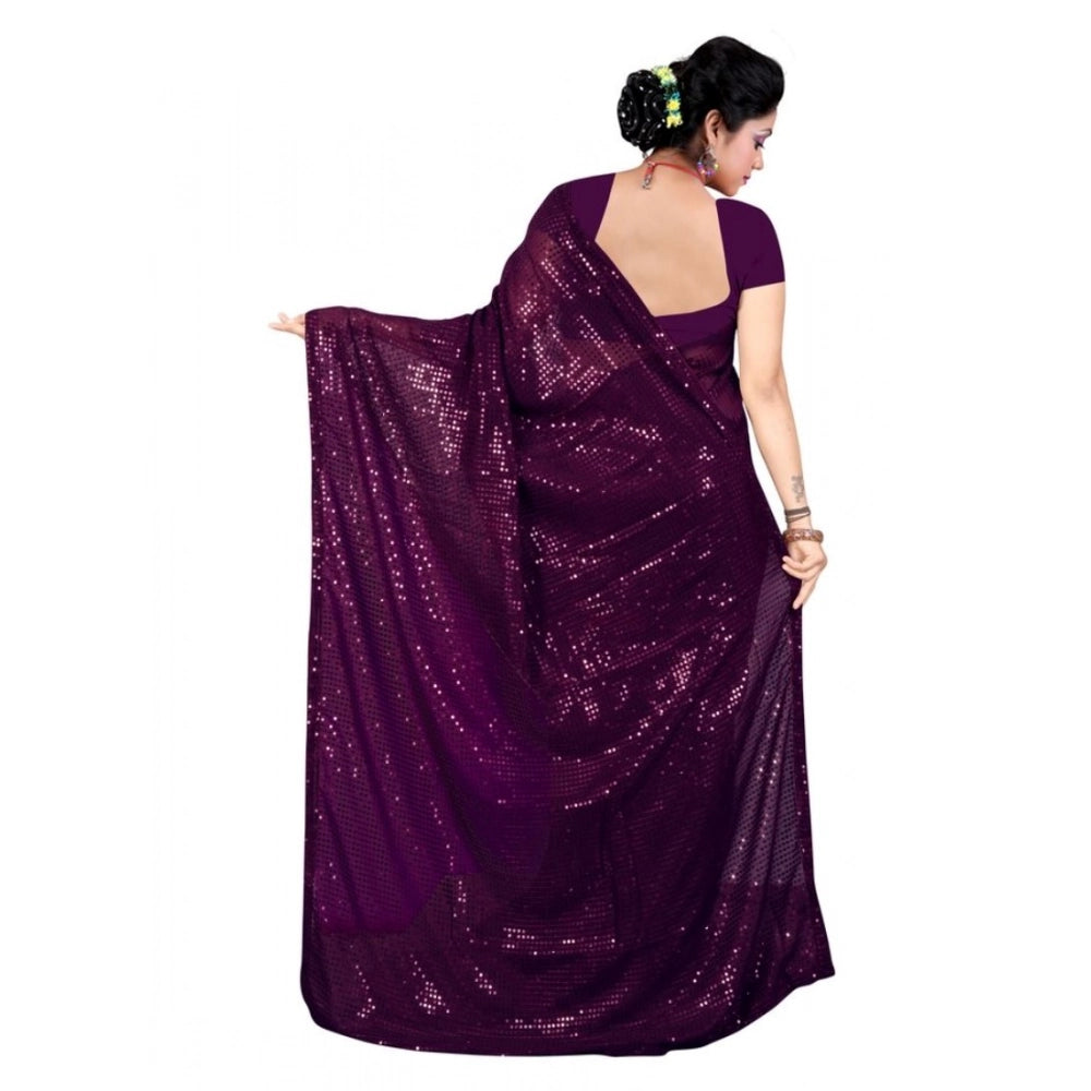 Women's Georgette Embellished Sequnece Bollywood Saree With Unstitched Blouse 5.5Mtr (Purple)