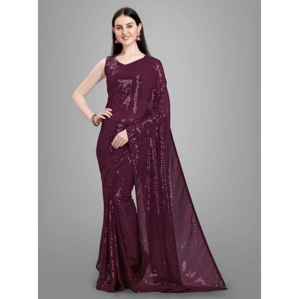 Women's Georgette Embellished Sequnece Bollywood Saree With Unstitched Blouse 5.5Mtr (Purple)