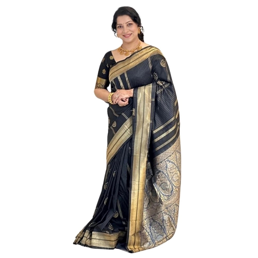Women's Silk Printed Saree With Unstitched Blouse 5.5Mtr (Black)