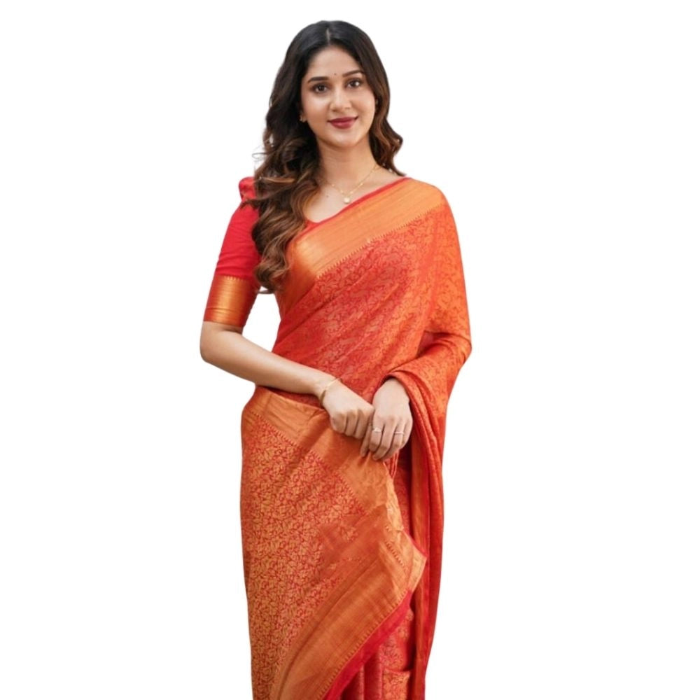 Women's Silk Printed Saree With Unstitched Blouse 5.5Mtr (Orange)