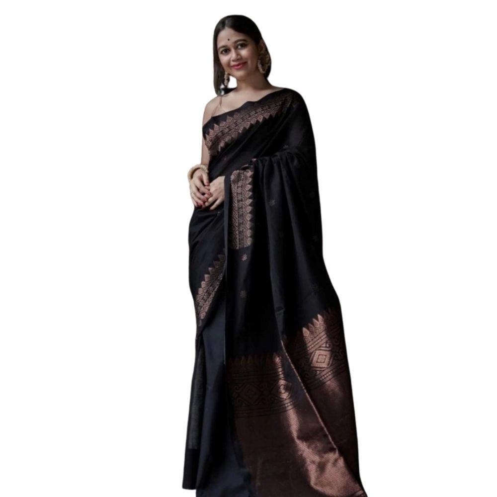Women's Silk Printed Saree With Unstitched Blouse 5.5Mtr (Black)