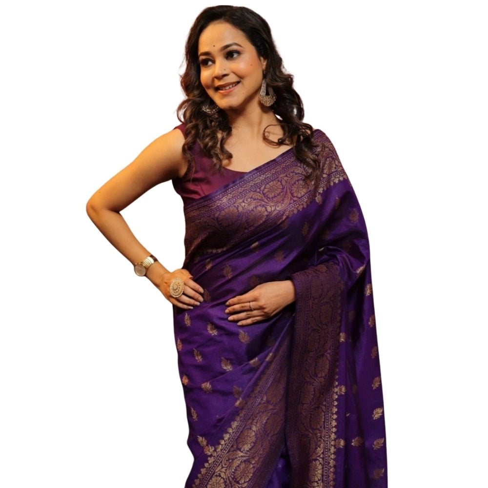 Women's Silk Printed Saree With Unstitched Blouse 5.5Mtr (Purple)