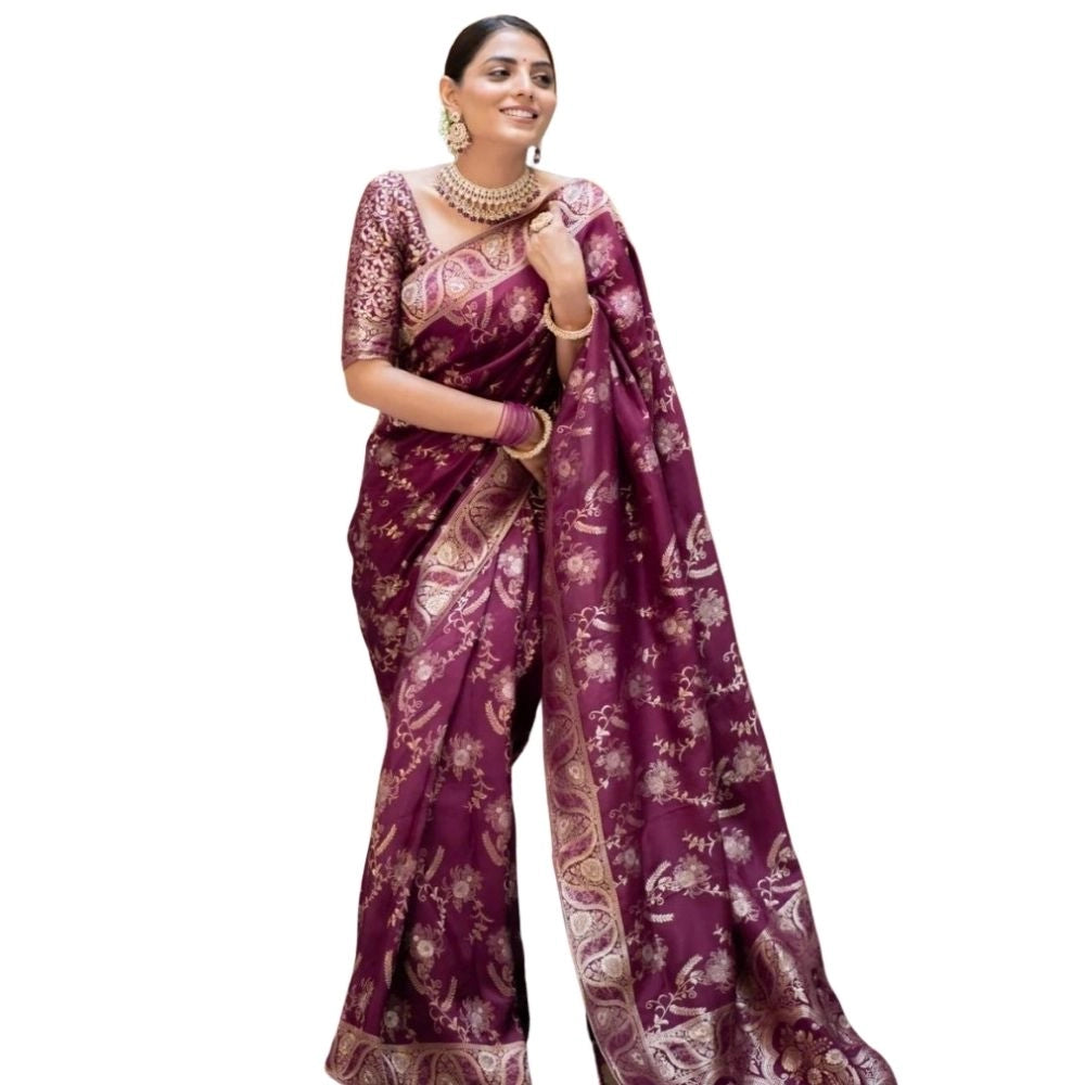 Women's Silk Printed Saree With Unstitched Blouse 5.5Mtr (Wine)