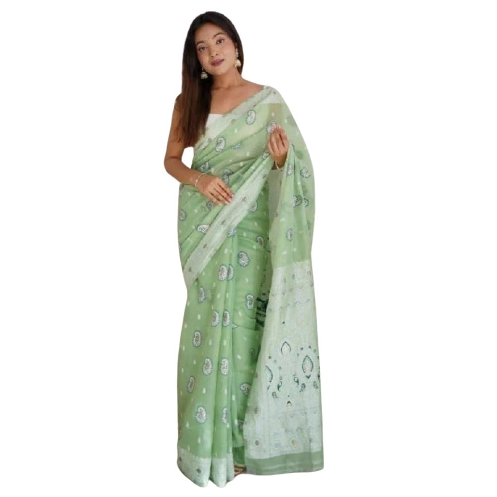 Women's Cotton  Printed Saree With Unstitched Blouse 5.5Mtr (Pista)