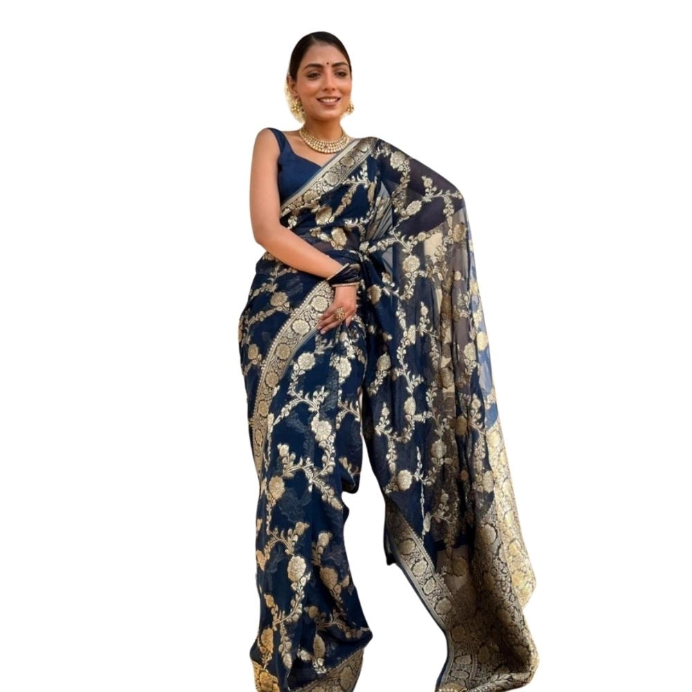 Women's Silk Printed Saree With Unstitched Blouse 5.5Mtr (Dark Blue)
